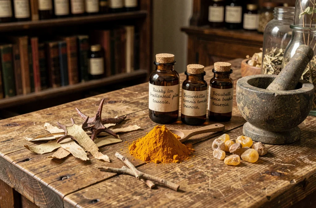 Nature morte d'ingrédients médicinaux à base de plantes pour l'arthrose incluant curcuma, griffe du diable et écorce de saule sur un comptoir d'herboriste