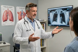 Pneumologue expliquant une radiographie pulmonaire à un patient dans une salle de consultation hospitalière moderne