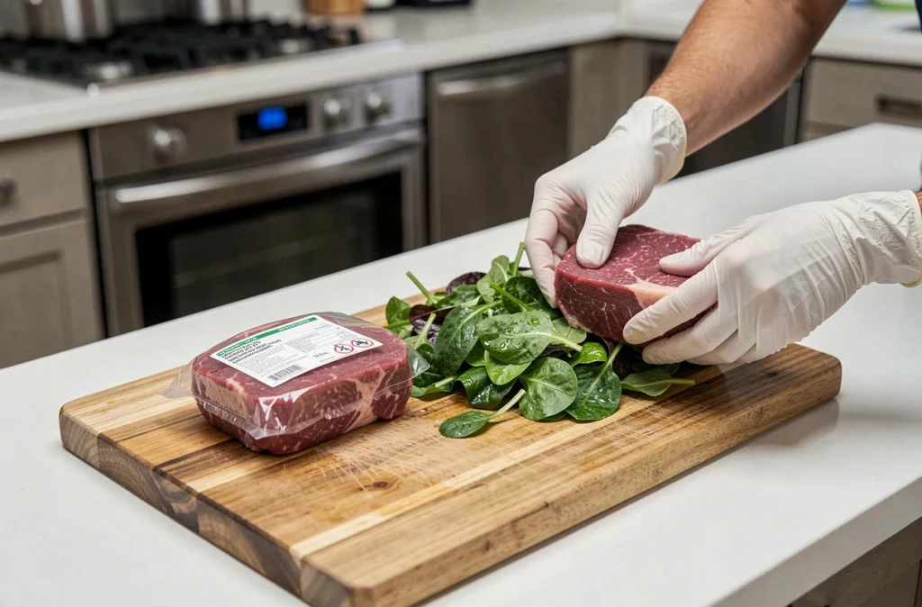 Précautions alimentaires pour éviter la toxoplasmose, séparation de la viande crue et des légumes frais en cuisine