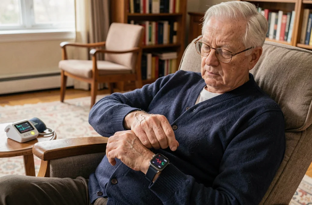 Homme âgé en cardigan comparant les données de sa montre connectée et d'un tensiomètre au poignet dans son salon
