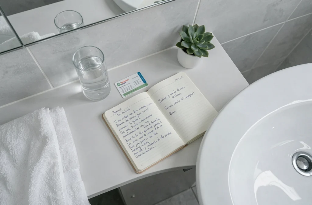 Tablette de salle de bain avec un verre d'eau minérale, une fiche santé et un carnet de notes manuscrites en français sur les précautions et le magnésium de l'eau Saint-Antonin contre la constipation