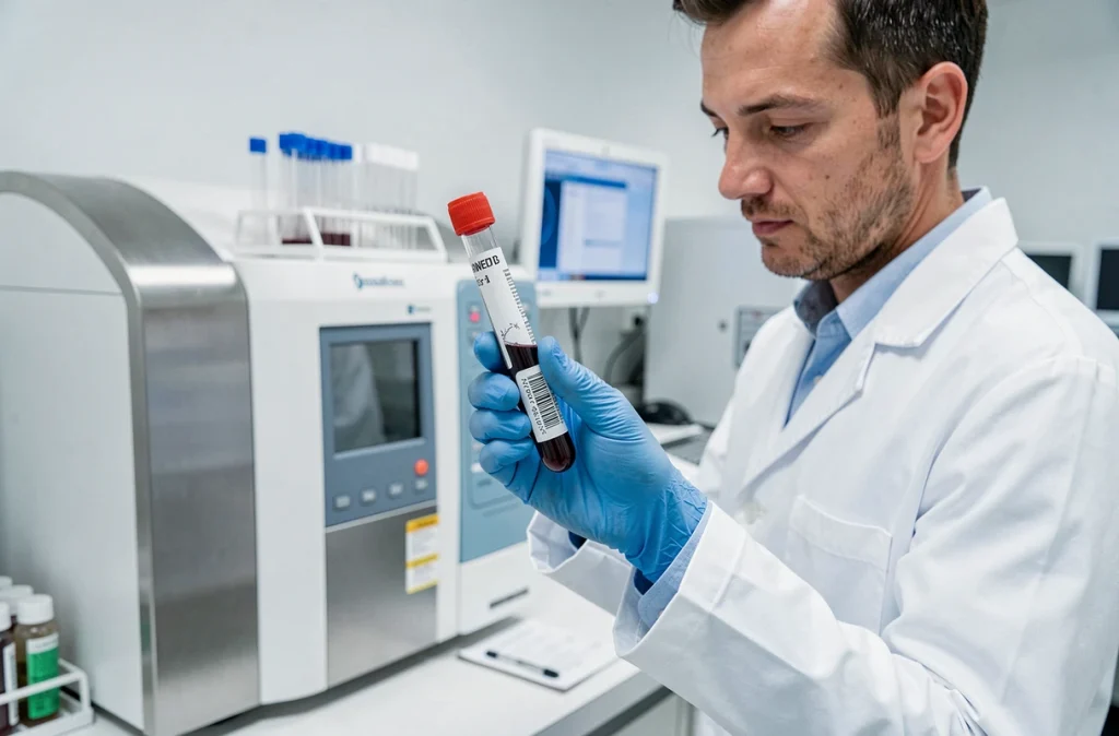 Technicien de laboratoire tenant un tube de sang pour analyse d'un VGM élevé lié à la vitamine B12
