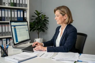 Directrice d'établissement consultant le portail Finess.gouv sur son ordinateur de bureau dans un bureau administratif moderne
