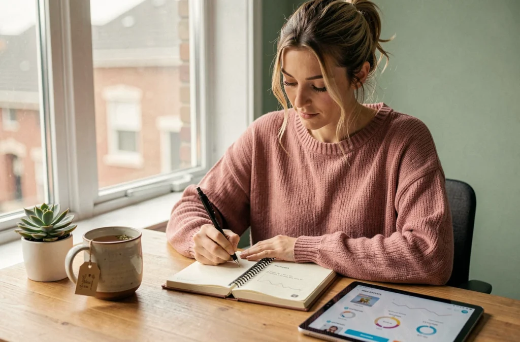 Jeune femme écrivant dans un journal de bien-être à son bureau en bois près d'une fenêtre dans le cadre d'une routine personnelle durable