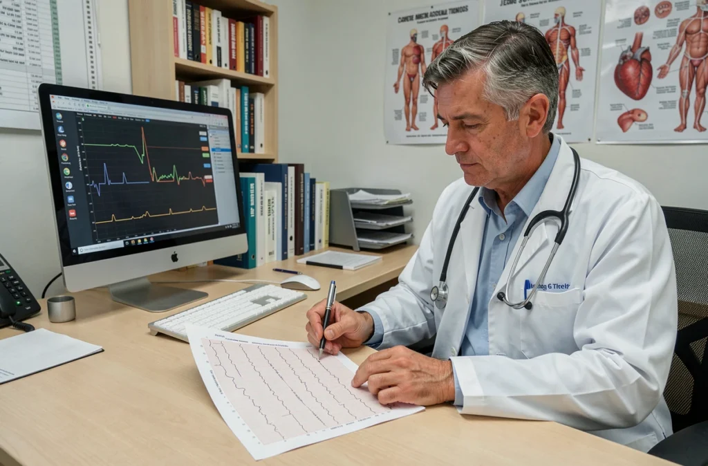 Médecin cardiologue analysant un électrocardiogramme pour diagnostiquer des palpitations et vibrations cardiaques