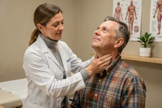 Ostéopathe femme examinant la nuque d'un patient dans un cabinet moderne des Hauts-de-France