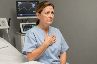 Femme d'âge moyen en consultation cardiologique ressentant des palpitations et une vibration dans la poitrine