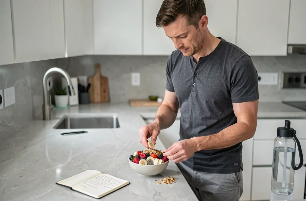Homme préparant un bol nutritif et coloré dans une cuisine moderne dans le cadre d'une routine bien-être saine et durable