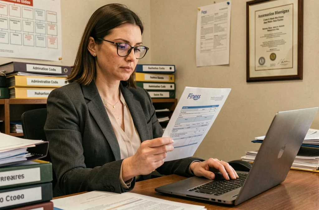 Responsable administrative consultant un formulaire Finess imprimé tout en travaillant sur un ordinateur portable dans un bureau de direction