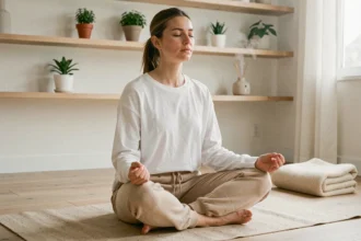 Femme pratiquant la pleine conscience sur un tapis de yoga en lin dans un salon minimaliste scandinave pour une routine bien-être quotidienne