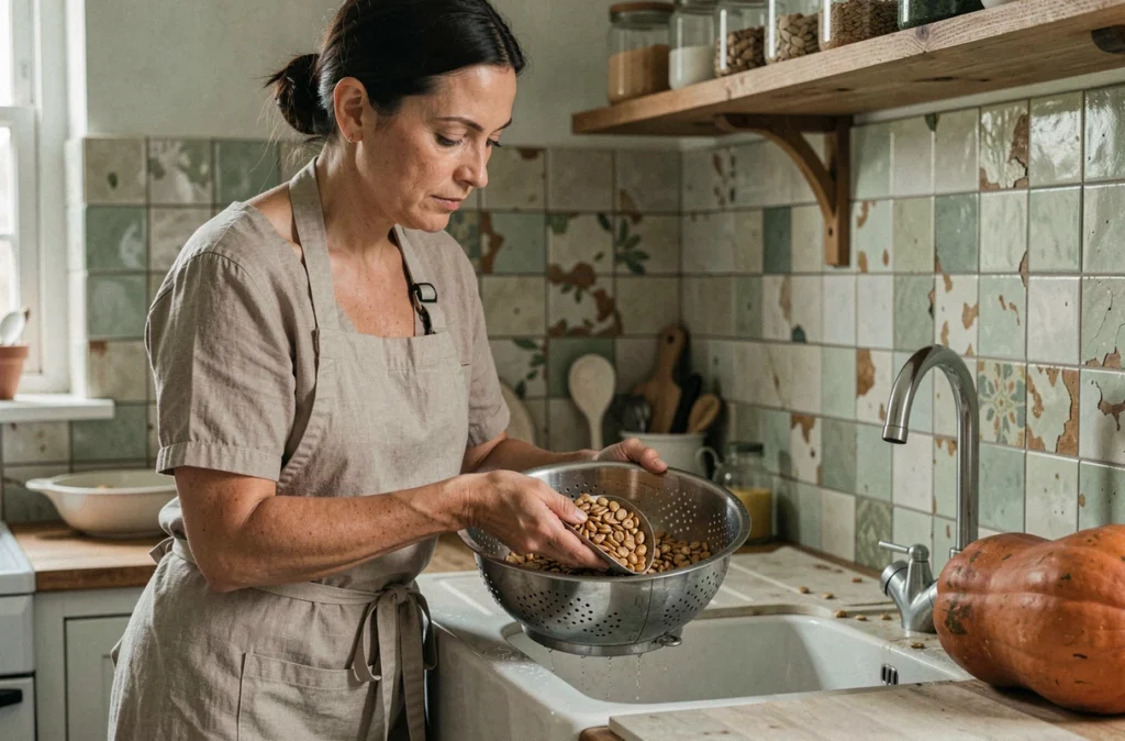 Femme rinçant des graines de potimarron dans une passoire dans une cuisine rustique