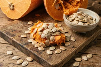 Graines de potimarron fraîchement extraites sur une planche en bois avec une courge potimarron coupée en deux